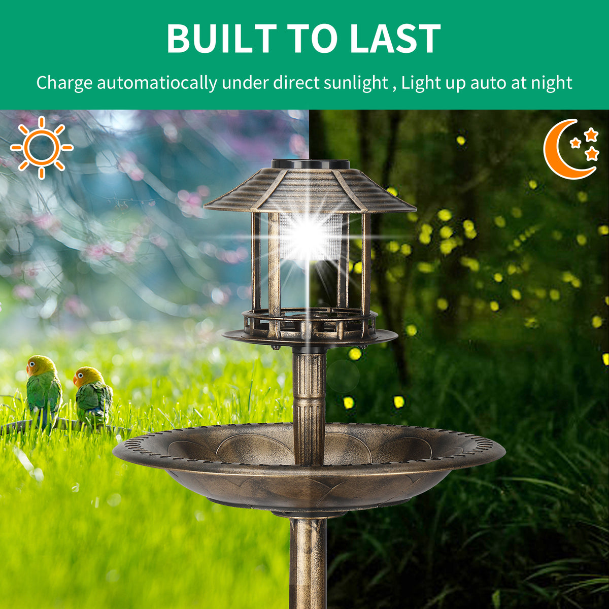 Natura AM Solar Birdbath with Light, 42-Inch | Bronze Garden Decor