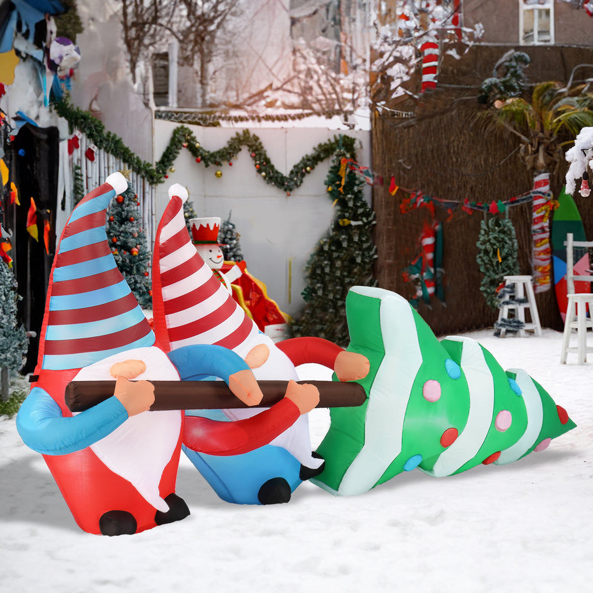 Natura AM 7FT Christmas Inflatable Gnomes Pulling Tree | Built-in LED Lights