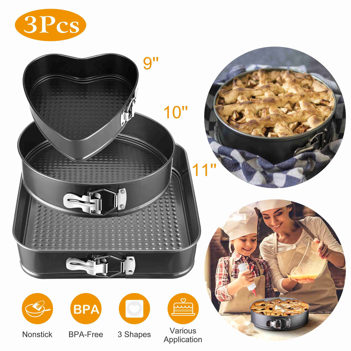 Natura AM Springform Cake Pan Set of 3 — Heart, Round & Square Nonstick Baking Pans