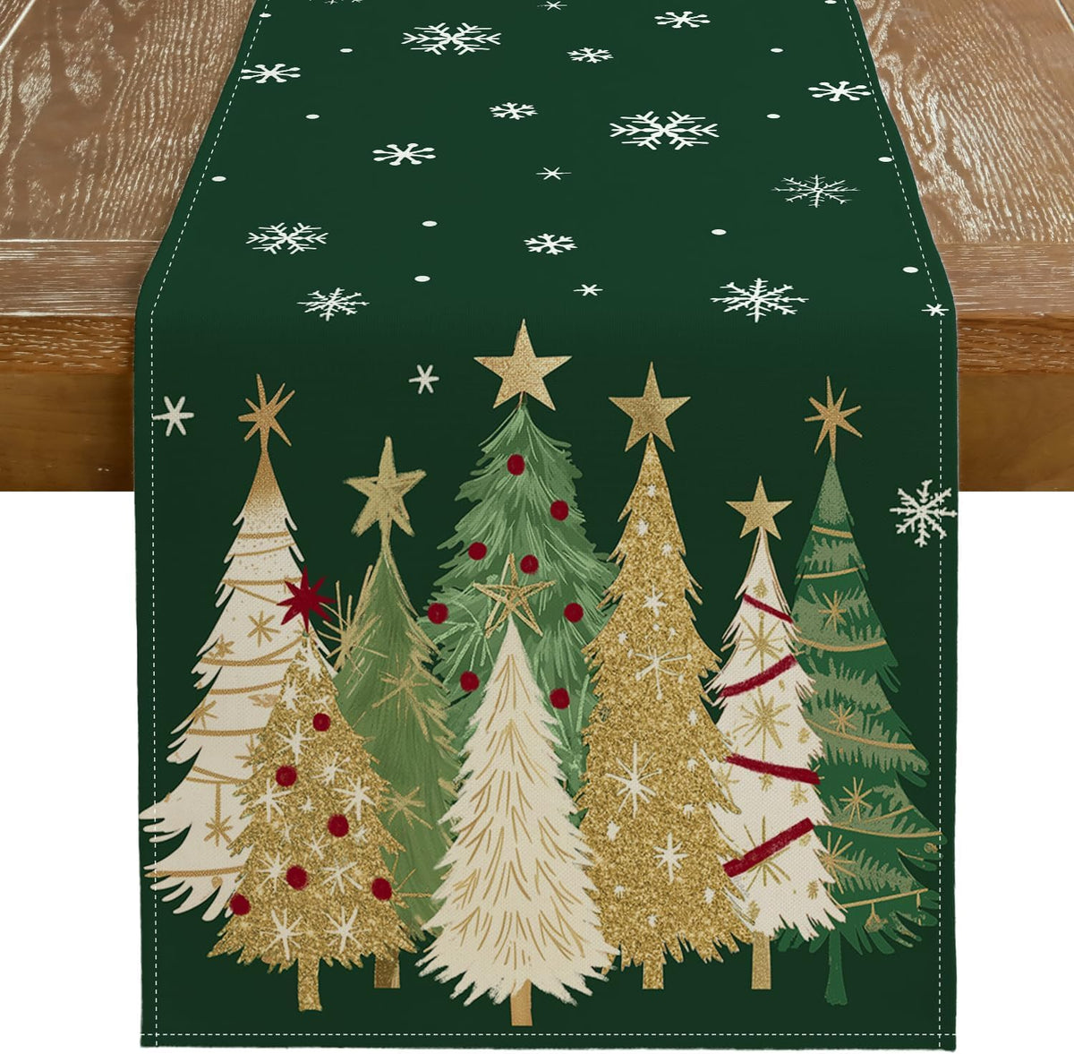 Natura AM Christmas Table Runner 13" x 72" — 100% Polyester Faux Linen, Xmas Tree & Snowflake Print