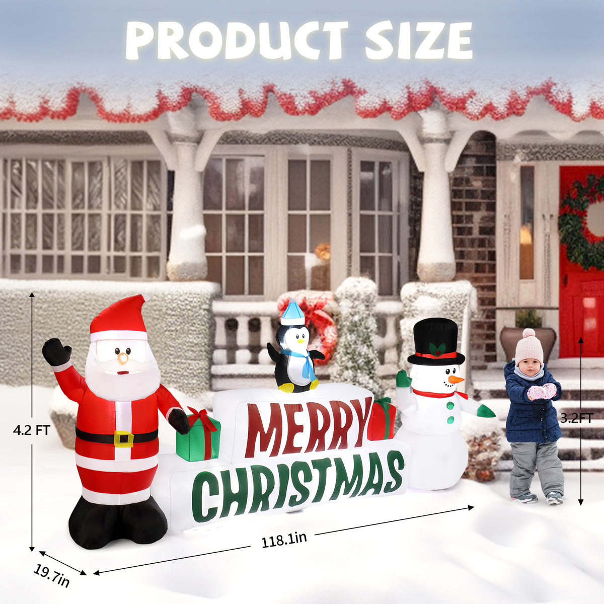 Natura AM 9.8FT Christmas Inflatable Santa & Snowman with Merry Christmas Sign | Built-in LED Lights