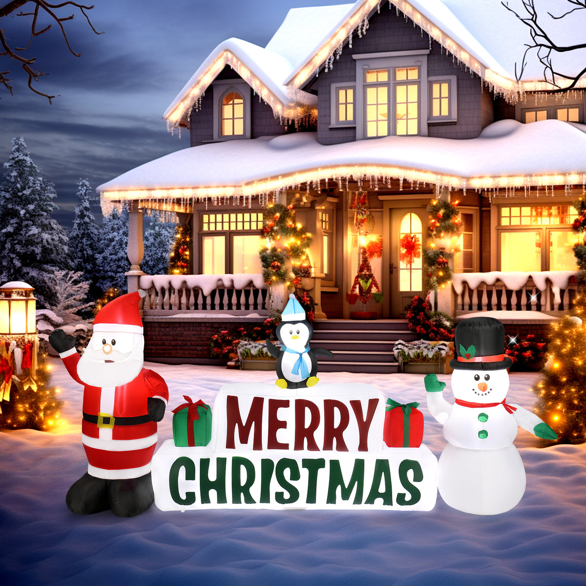 Natura AM 9.8FT Christmas Inflatable Santa & Snowman with Merry Christmas Sign | Built-in LED Lights