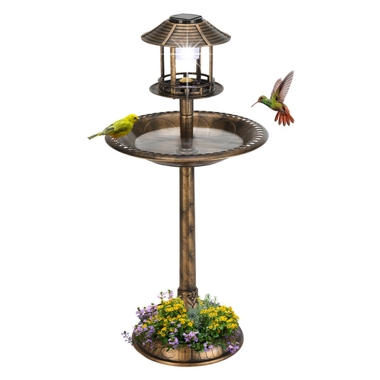 Natura AM Solar Birdbath with Light, 42-Inch | Bronze Garden Decor