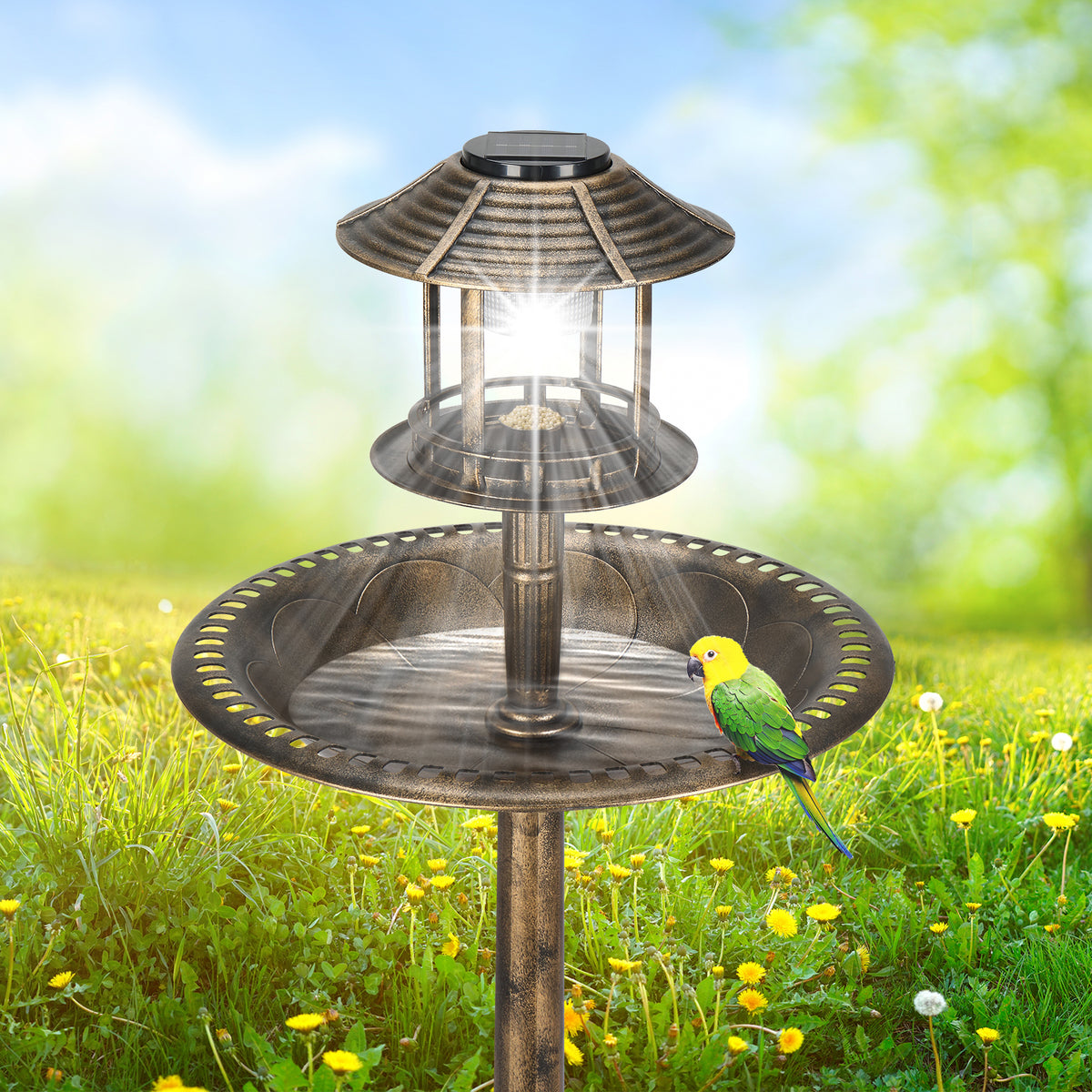 Natura AM Solar Birdbath with Light, 42-Inch | Bronze Garden Decor