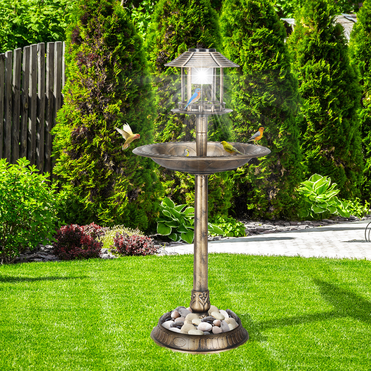 Natura AM Solar Birdbath with Light, 42-Inch | Bronze Garden Decor