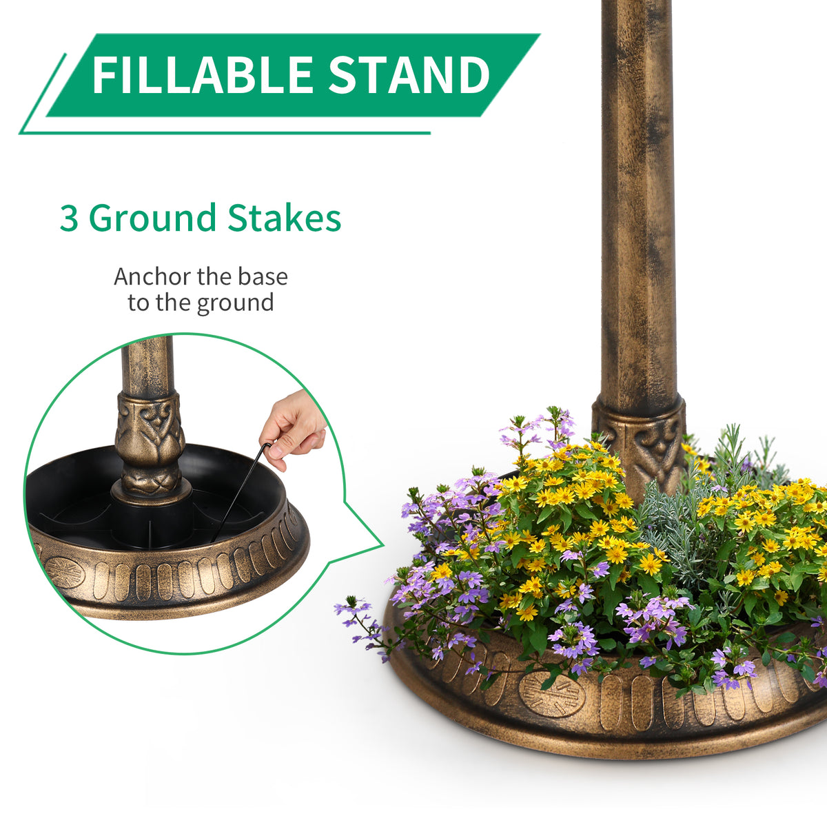 Natura AM Solar Birdbath with Light, 42-Inch | Bronze Garden Decor