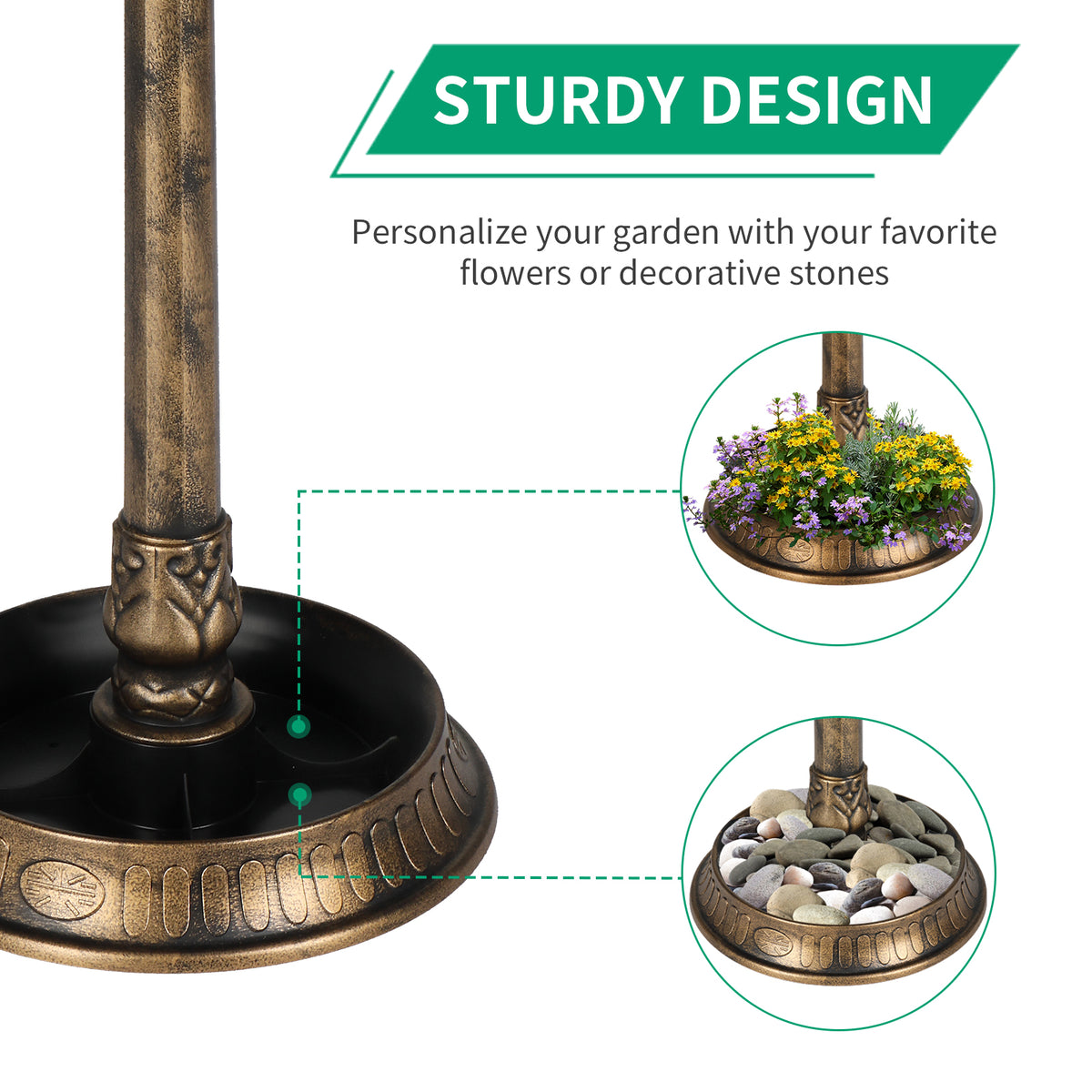 Natura AM Solar Birdbath with Light, 42-Inch | Bronze Garden Decor