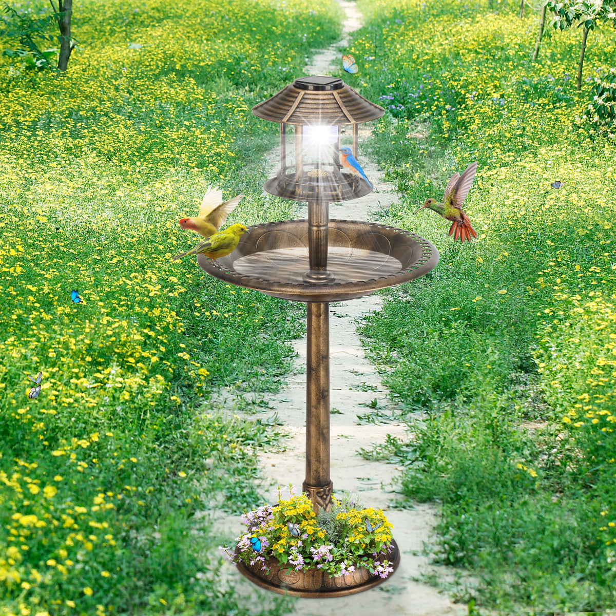 Natura AM Solar Birdbath with Light, 42-Inch | Bronze Garden Decor