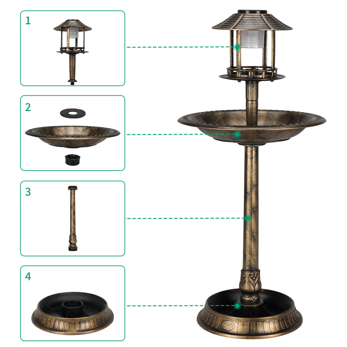 Natura AM Solar Birdbath with Light, 42-Inch | Bronze Garden Decor