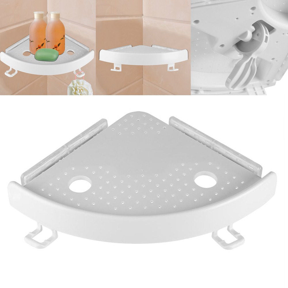 Natura AM Corner Shelf Organizer with Hooks | No-Drill Wall Mount, White