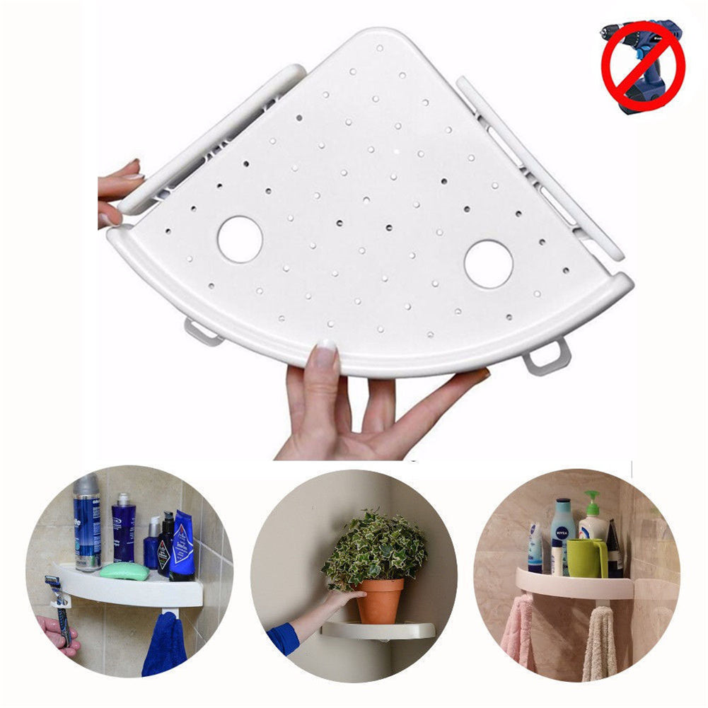 Natura AM Corner Shelf Organizer with Hooks | No-Drill Wall Mount, White
