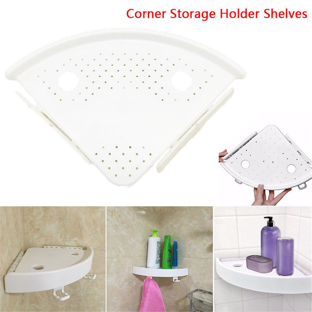 Natura AM Corner Shelf Organizer with Hooks | No-Drill Wall Mount, White
