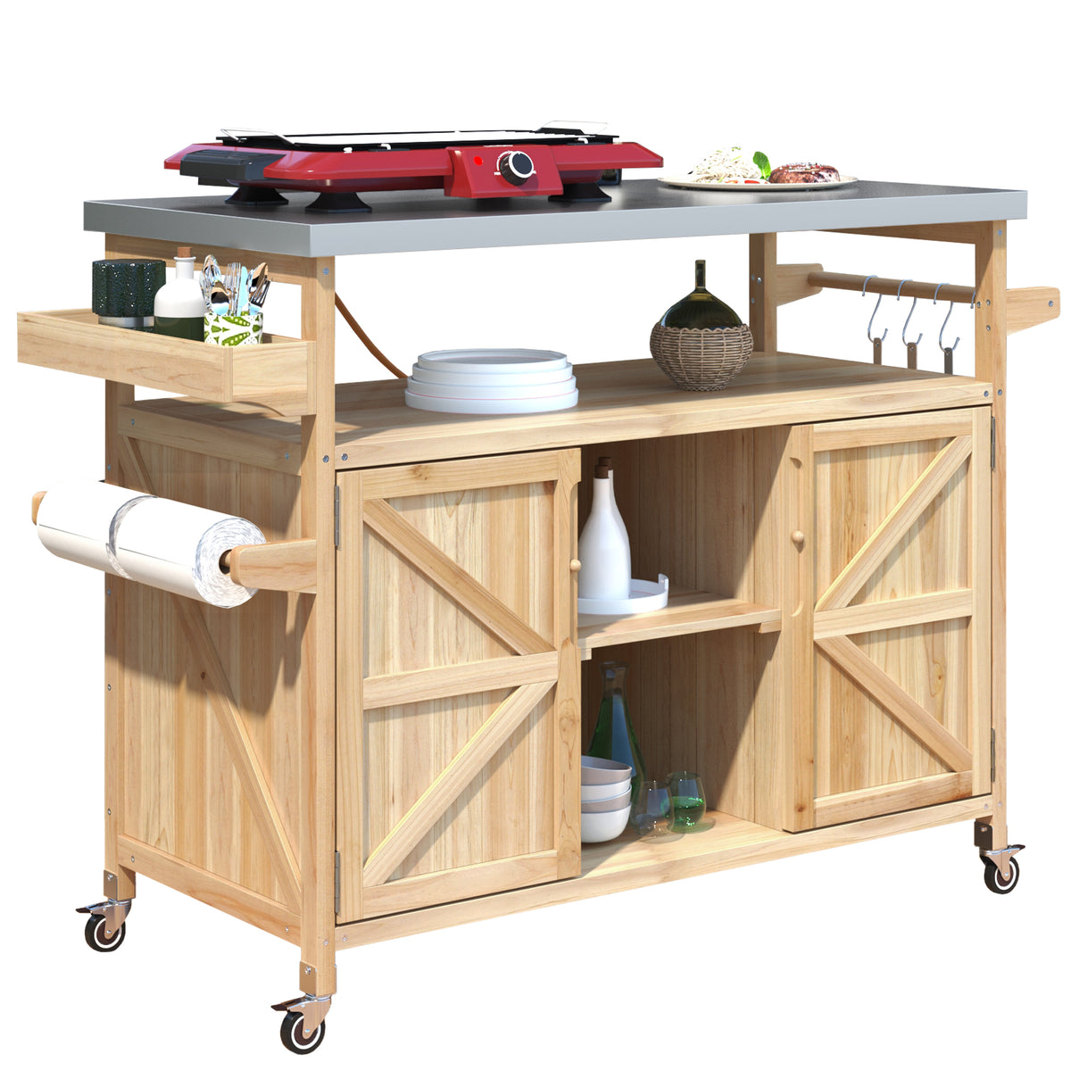 Natura AM Solid Wood Kitchen Island Cart | Stainless Steel Top