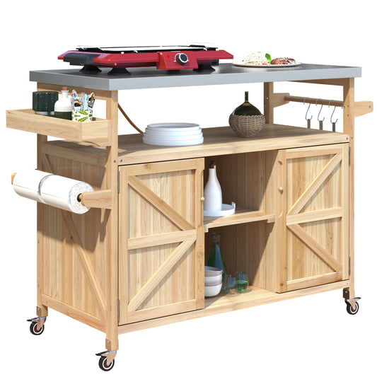 Natura AM Solid Wood Kitchen Island Cart | Stainless Steel Top