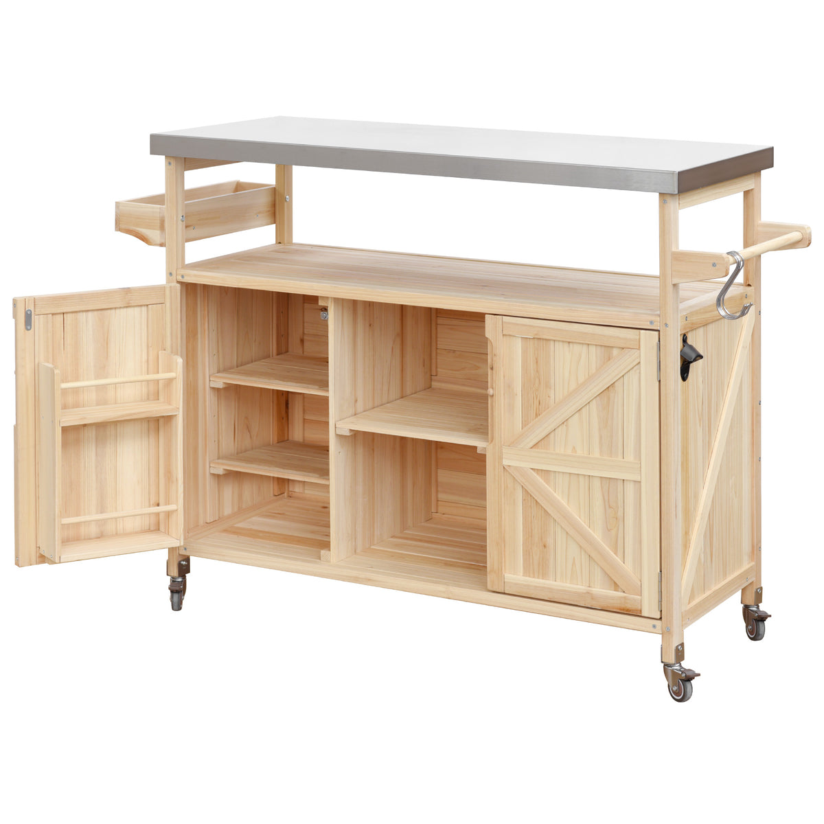 Natura AM Solid Wood Kitchen Island Cart | Stainless Steel Top