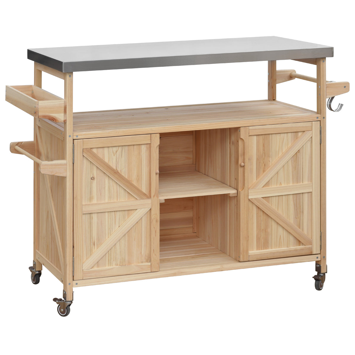 Natura AM Solid Wood Kitchen Island Cart | Stainless Steel Top