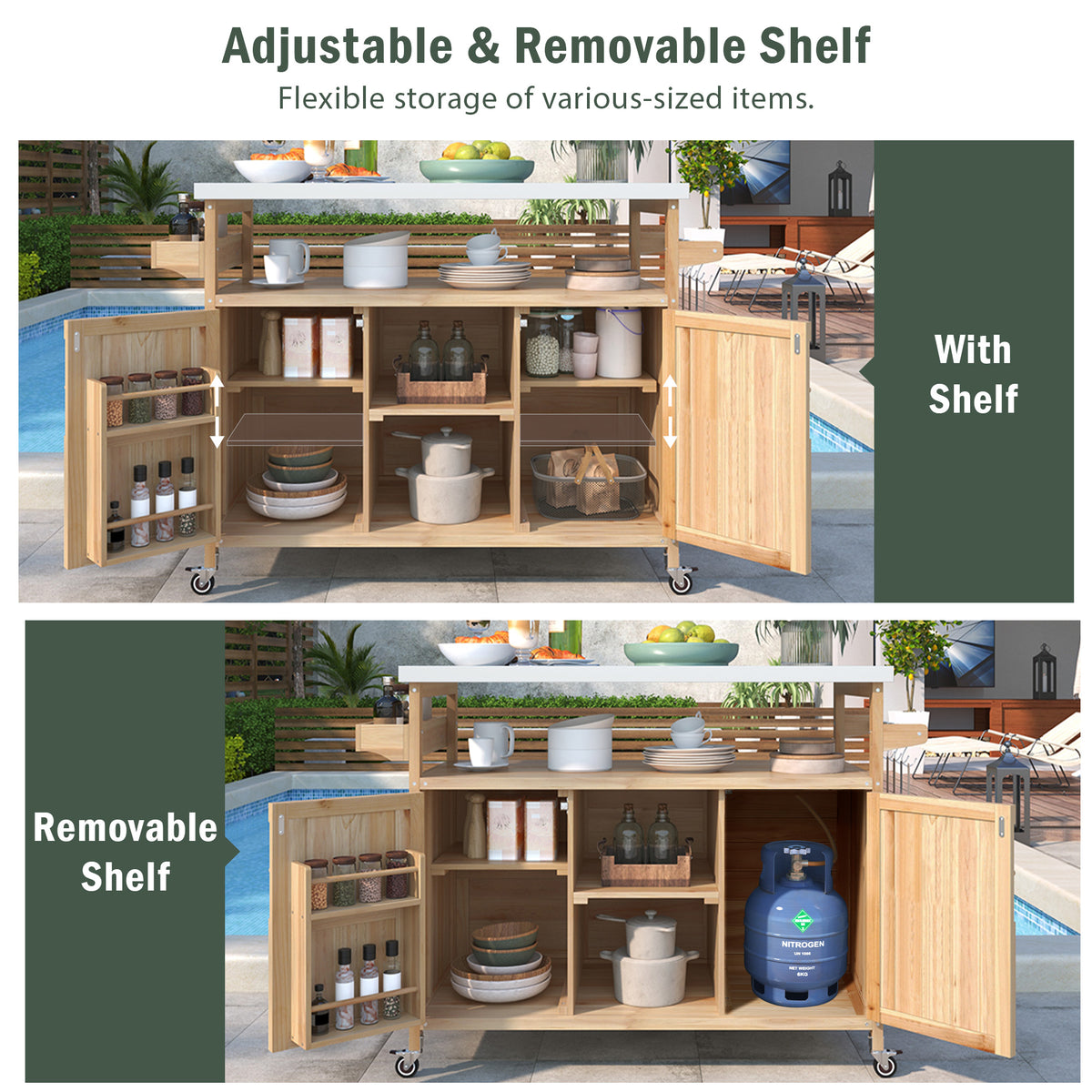Natura AM Solid Wood Kitchen Island Cart | Stainless Steel Top