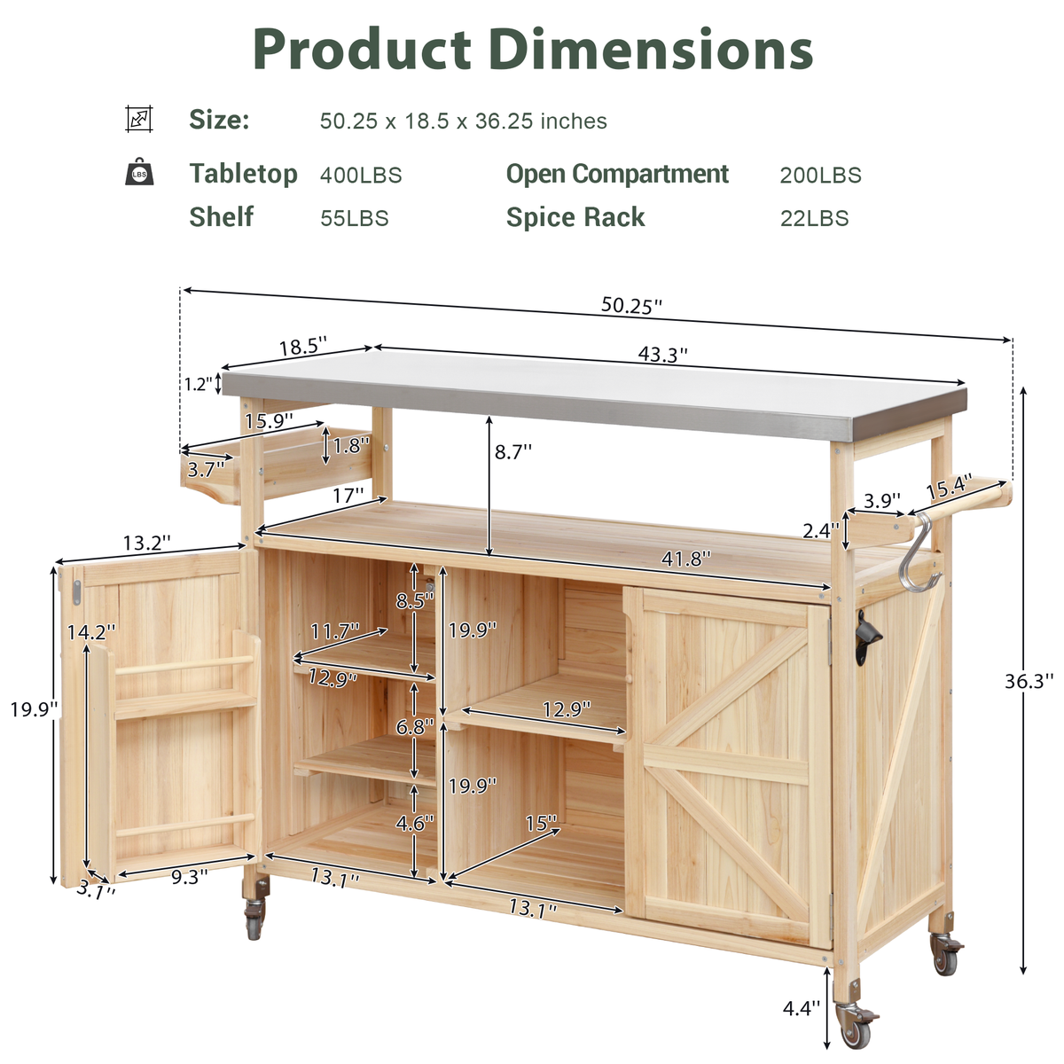 Natura AM Solid Wood Kitchen Island Cart | Stainless Steel Top