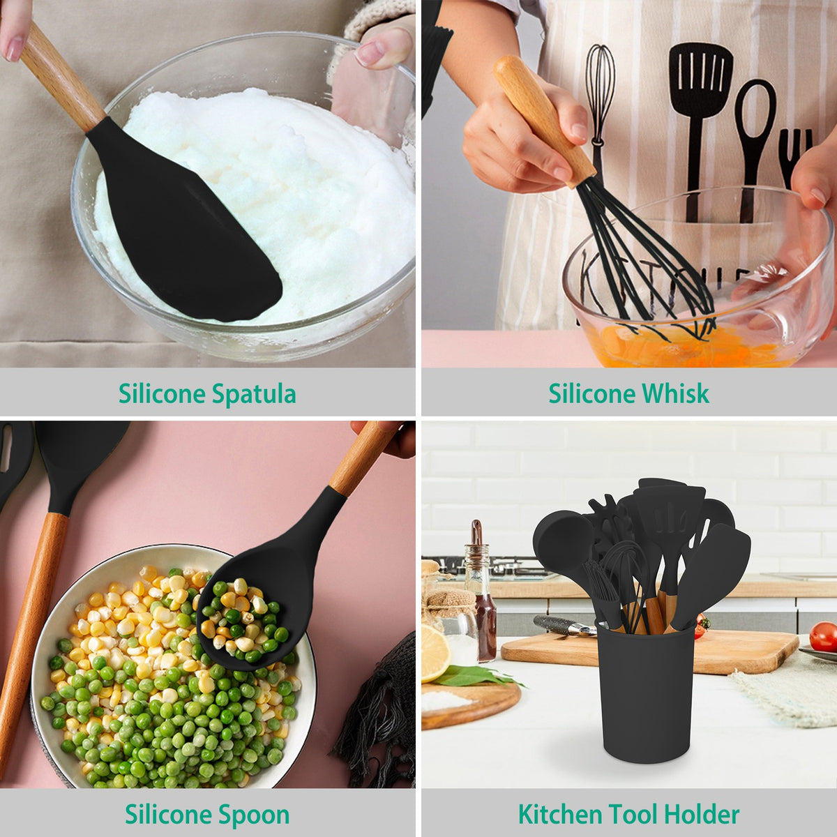 Natura AM 11-Piece Silicone Cooking Utensil Set | Wooden Handles with Holder
