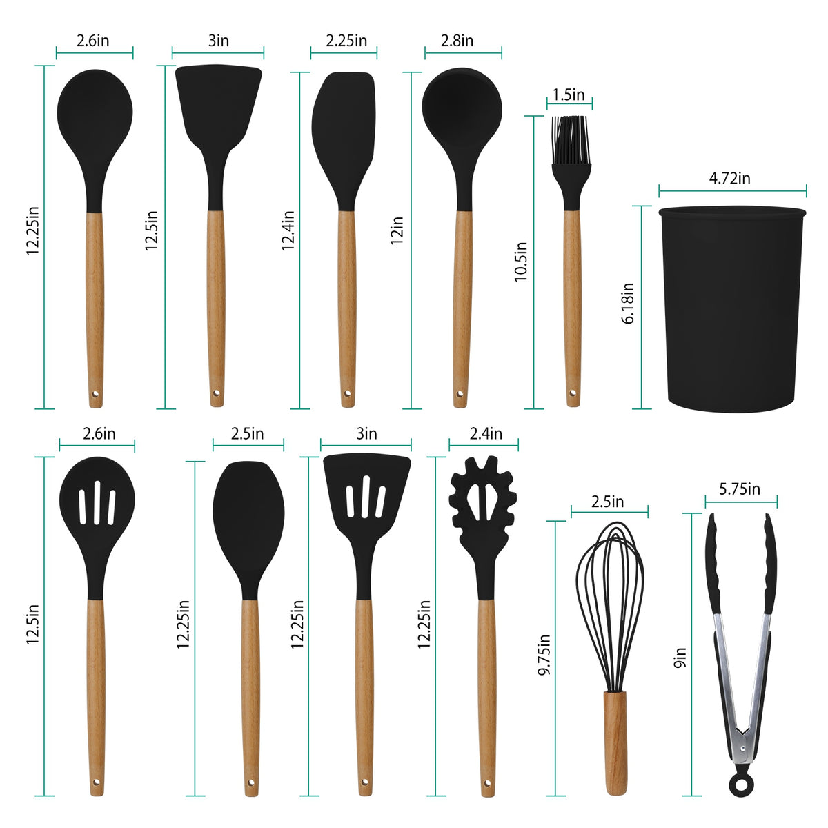Natura AM 11-Piece Silicone Cooking Utensil Set | Wooden Handles with Holder