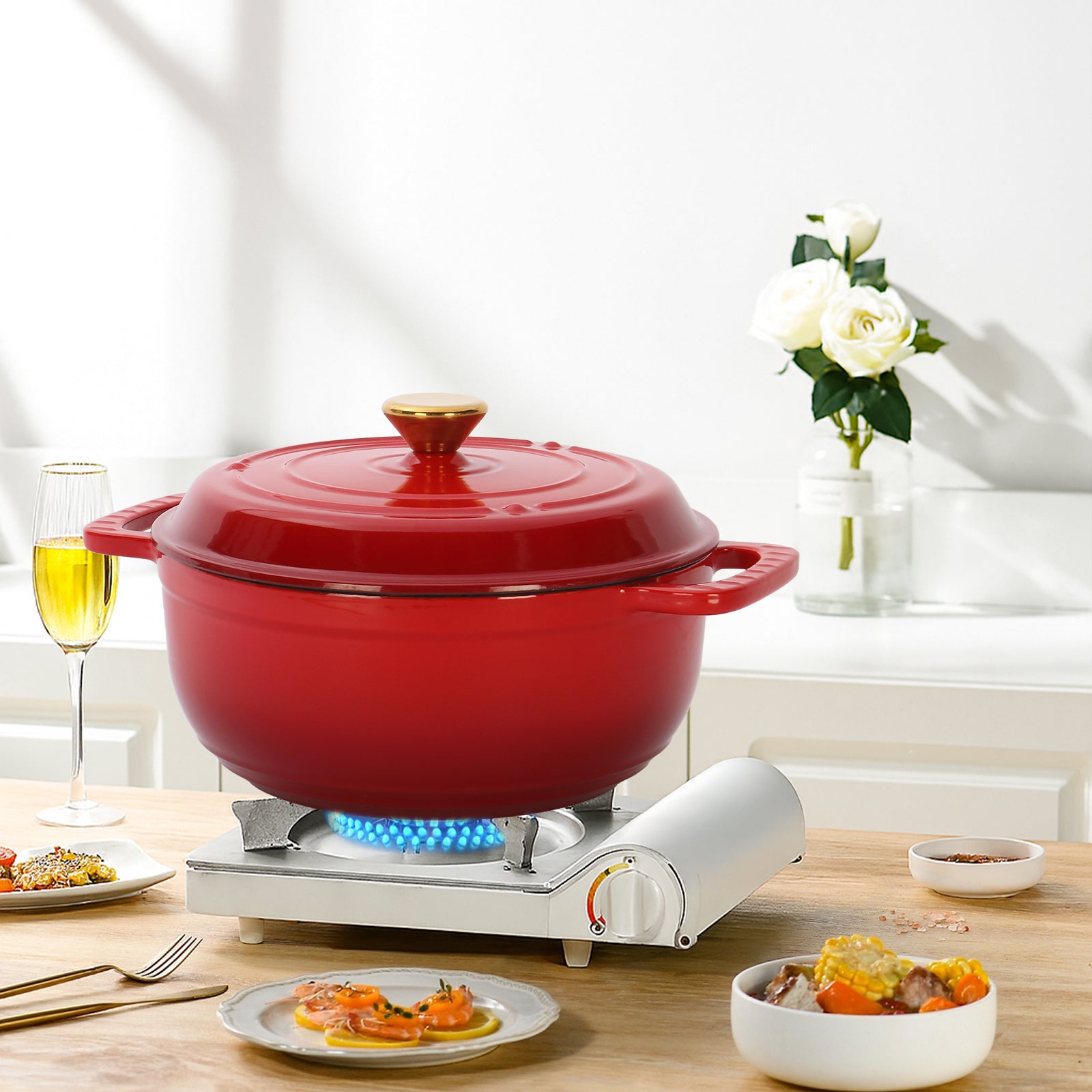 Cast iron 6QT cooking pot - Gradient red - Includes two silicone gloves - Enamel pot