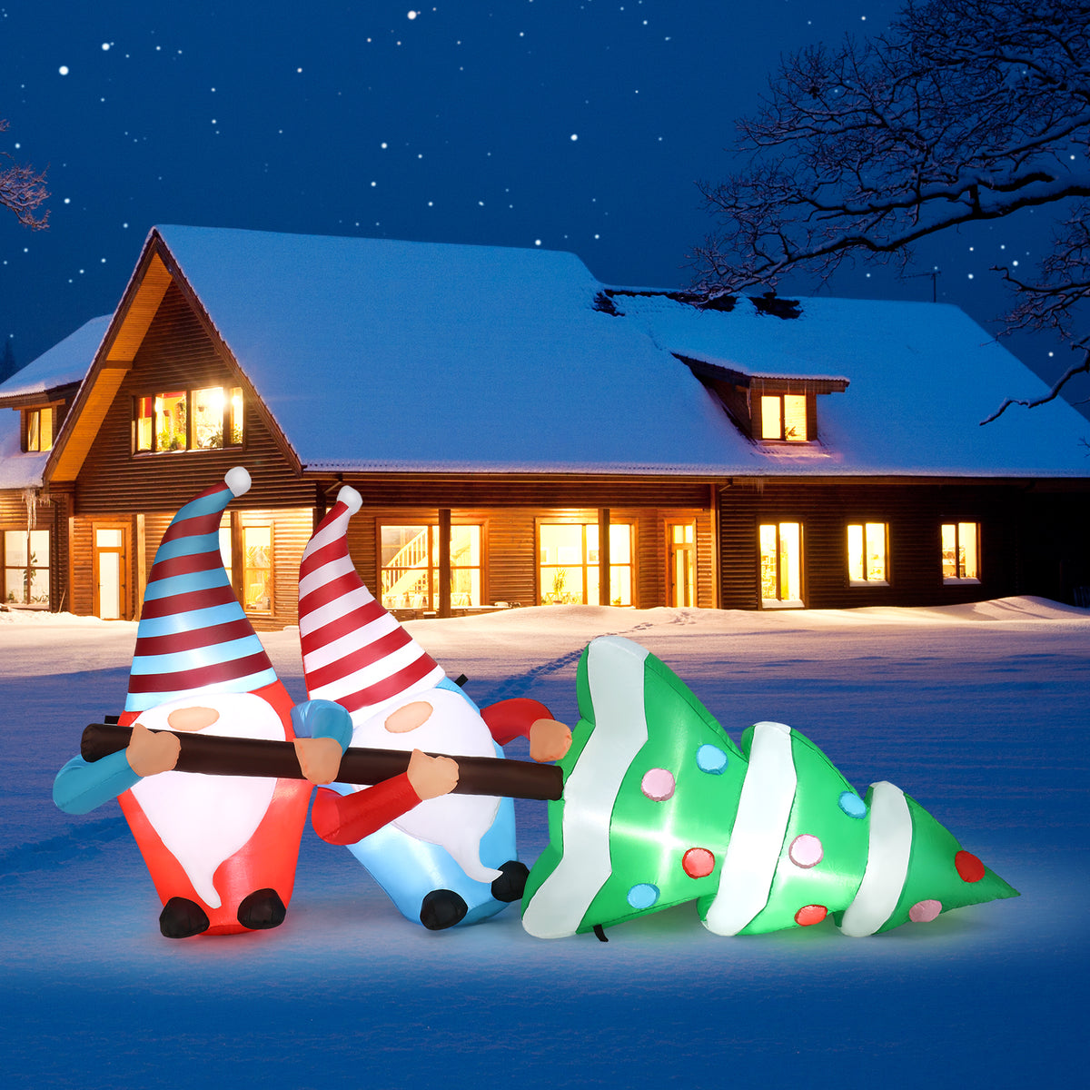 Natura AM 7FT Christmas Inflatable Gnomes Pulling Tree | Built-in LED Lights