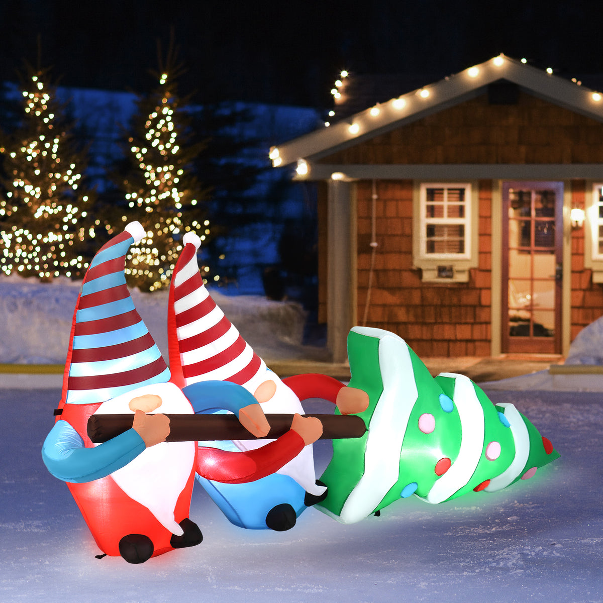 Natura AM 7FT Christmas Inflatable Gnomes Pulling Tree | Built-in LED Lights