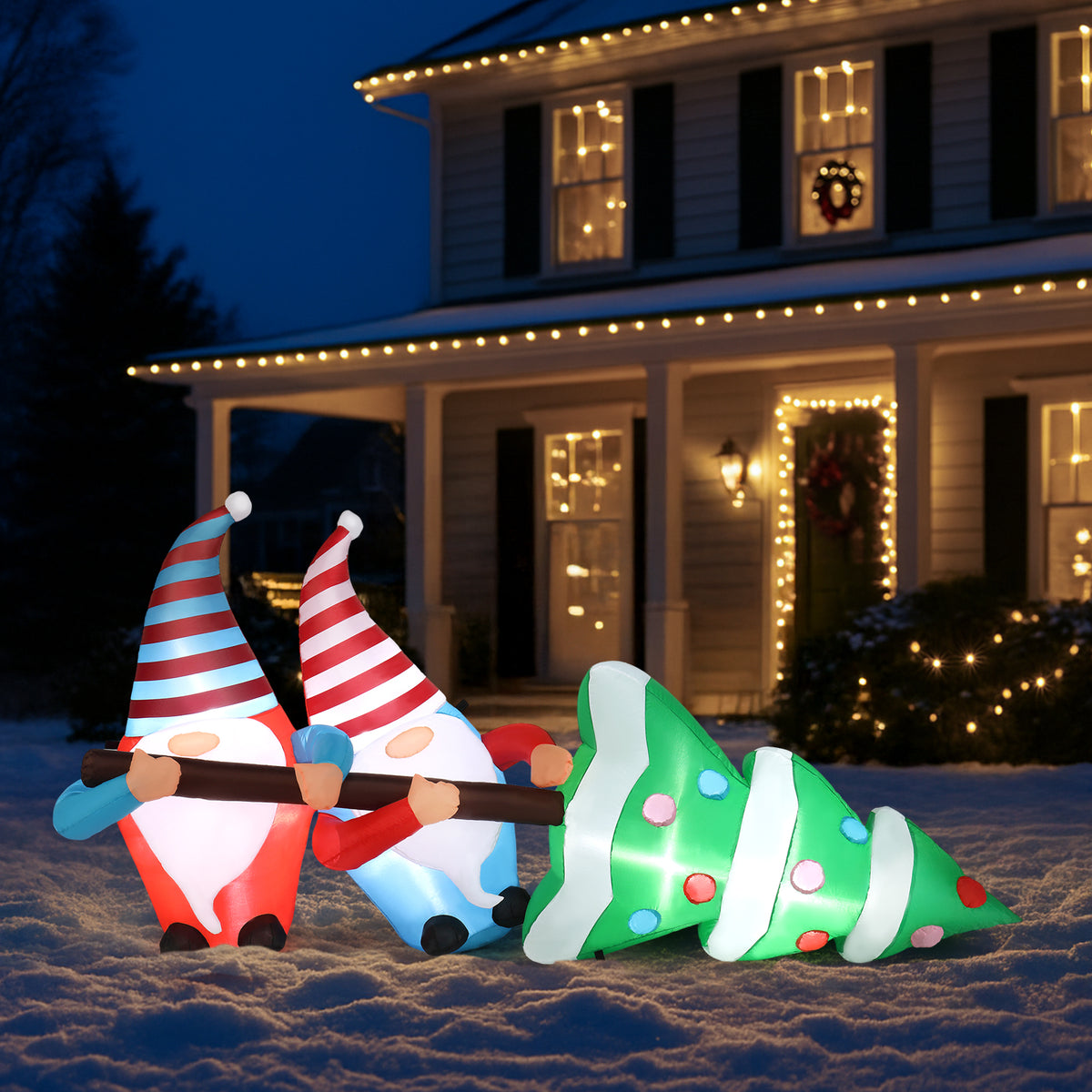 Natura AM 7FT Christmas Inflatable Gnomes Pulling Tree | Built-in LED Lights