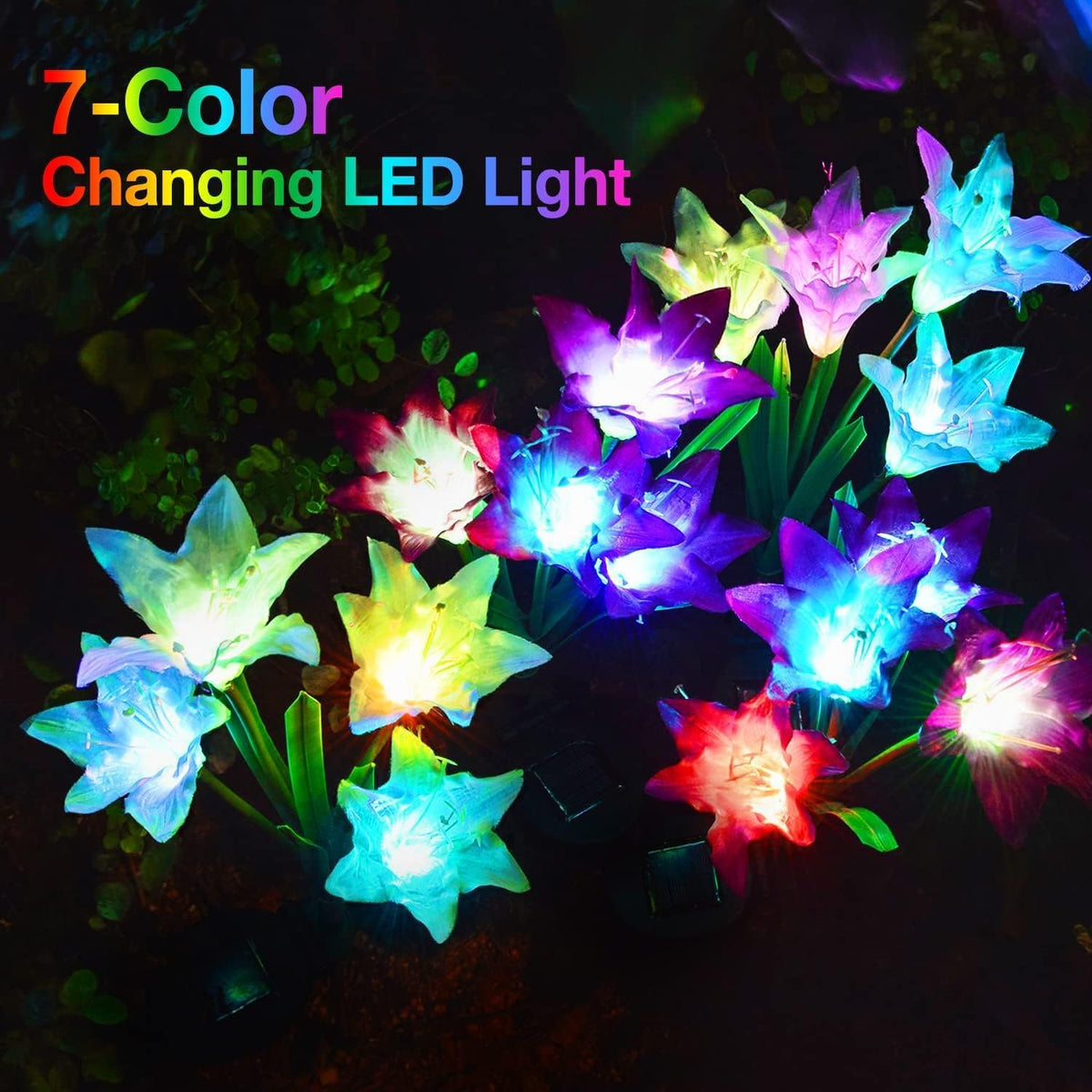 Natura AM Solar Lily Flower Garden Lights, 4 Pack | 7 Color Changing, Waterproof