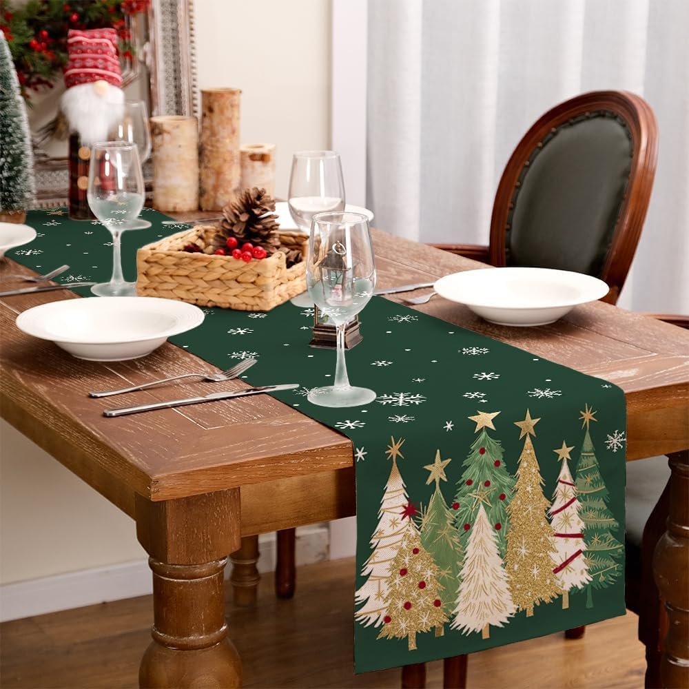 Natura AM Christmas Table Runner 13" x 72" — 100% Polyester Faux Linen, Xmas Tree & Snowflake Print