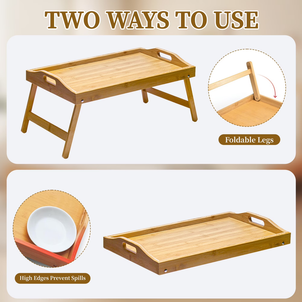 Natura AM Bamboo Breakfast Bed Tray Table with Folding Legs