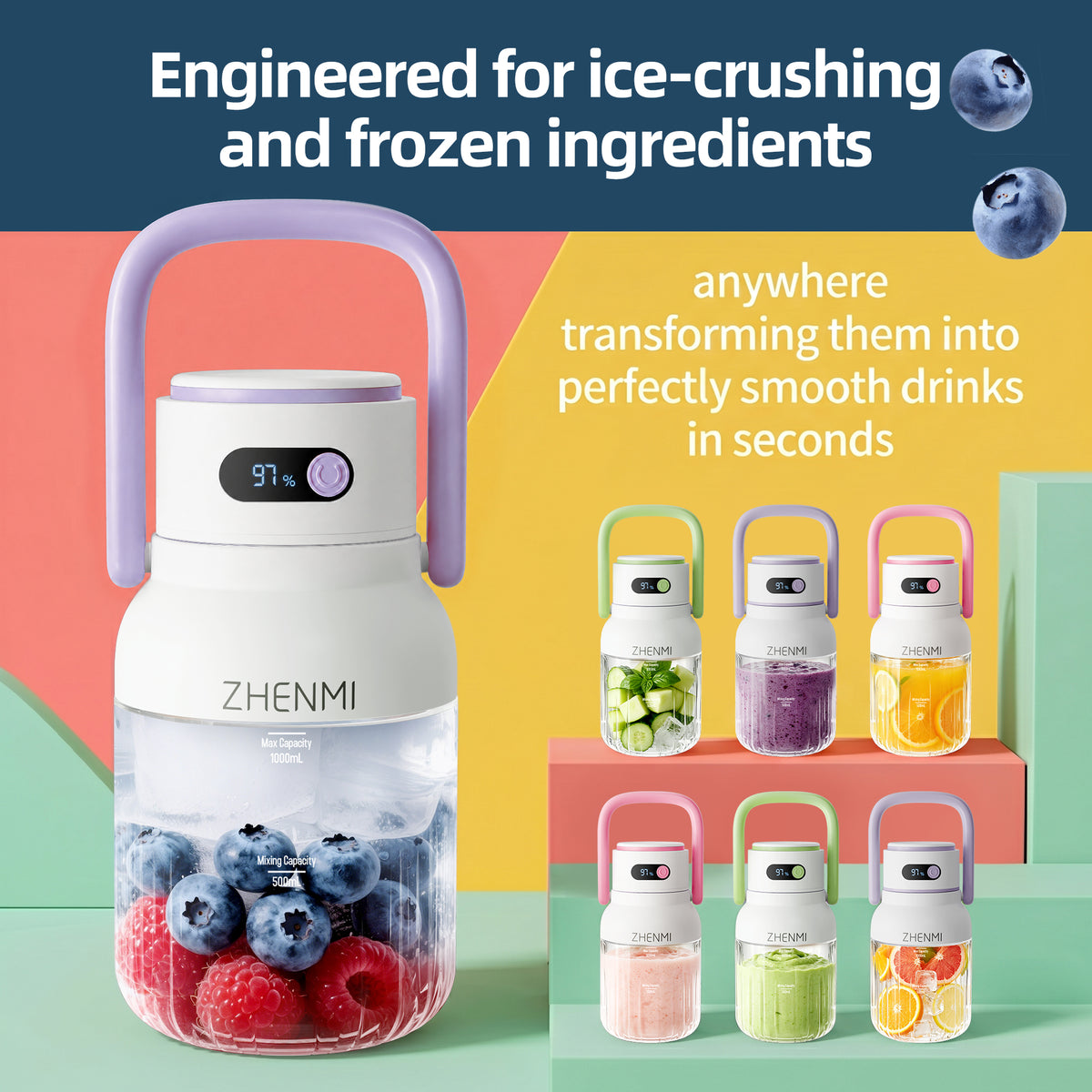 Natura AM 33oz Cordless Portable Blender | USB Rechargeable, Ice Crushing