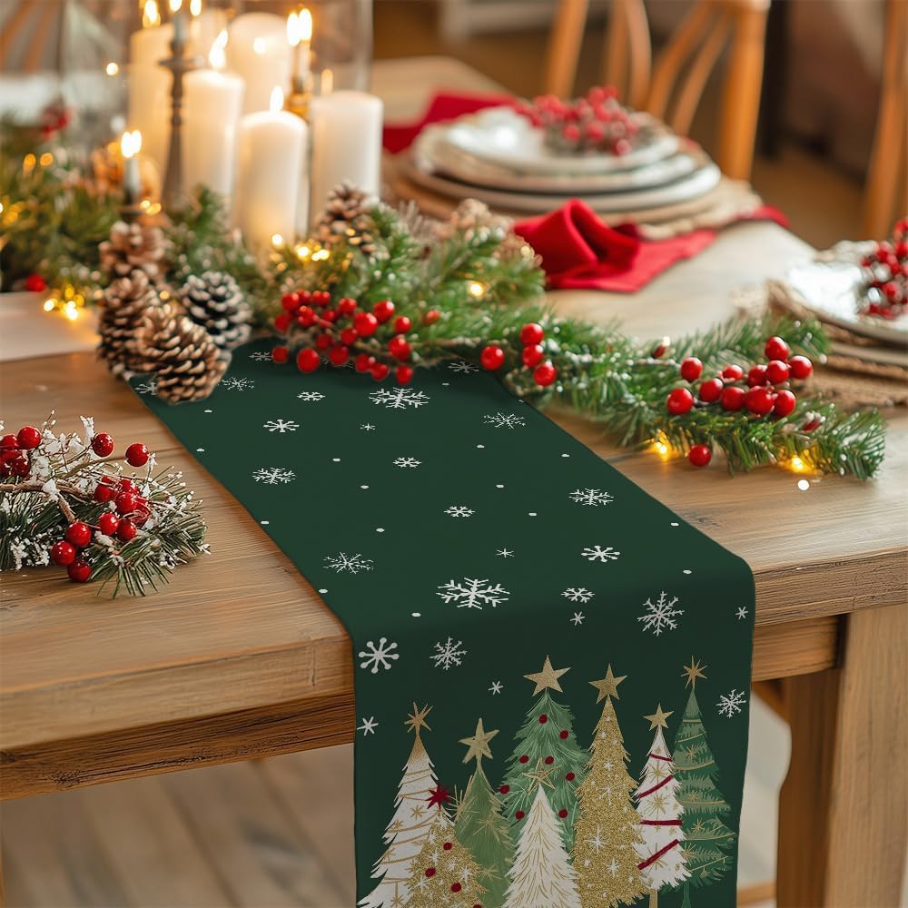 Natura AM Christmas Table Runner 13" x 72" — 100% Polyester Faux Linen, Xmas Tree & Snowflake Print
