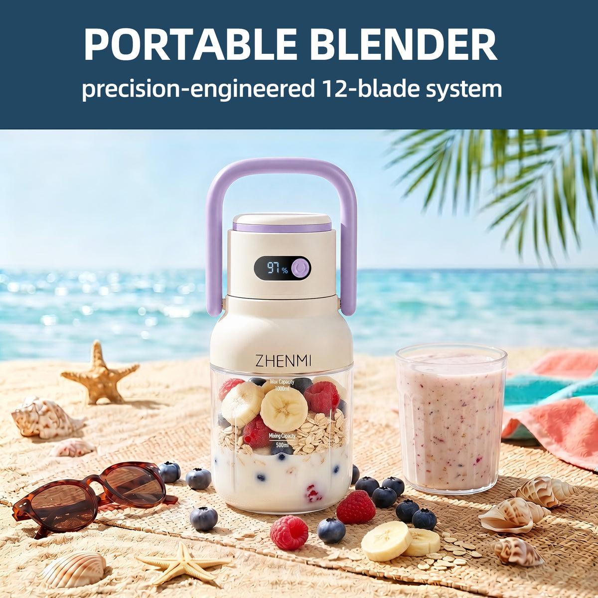 Natura AM 33oz Cordless Portable Blender | USB Rechargeable, Ice Crushing