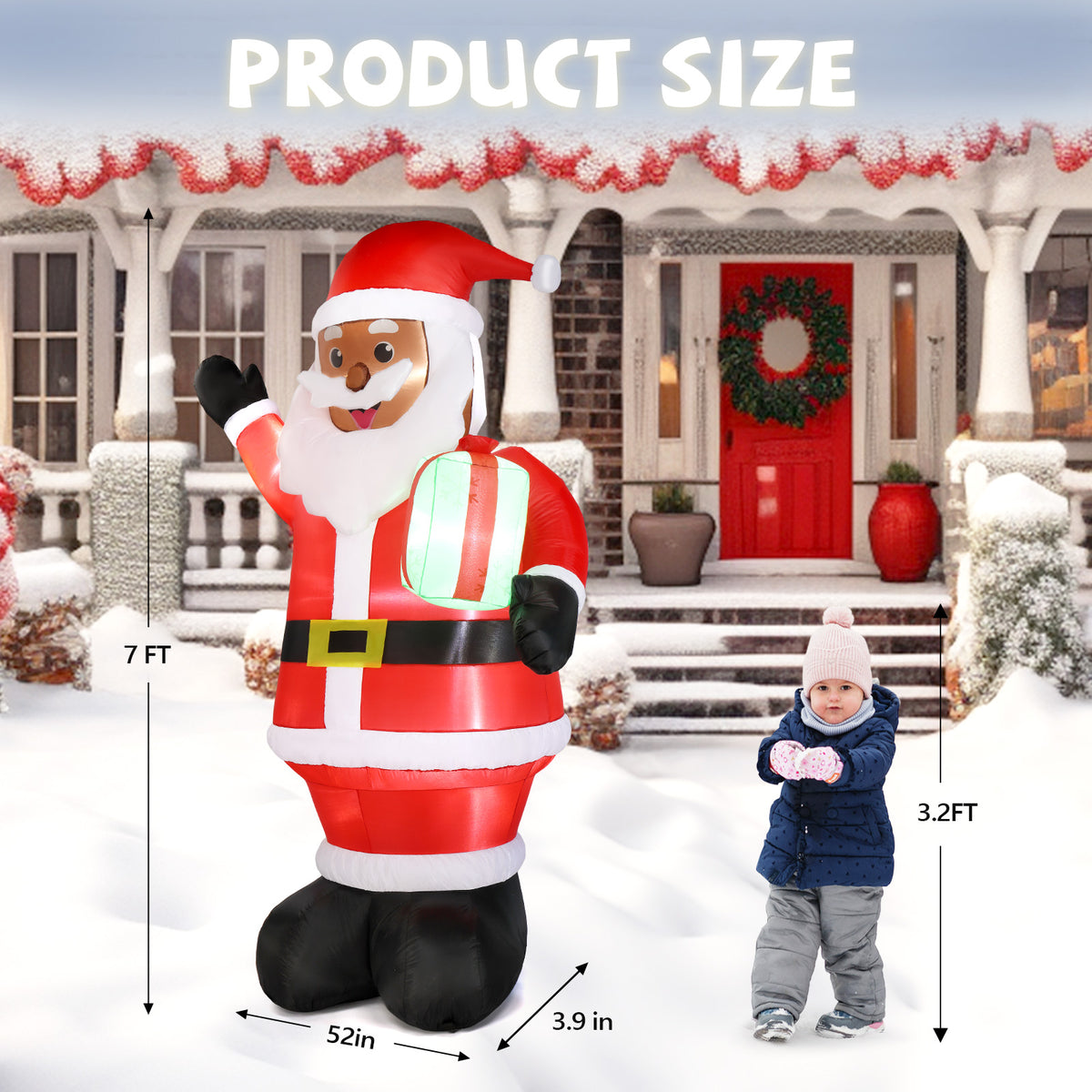 Natura AM 7FT Christmas Inflatable Santa Holding Gift | Built-in LED Lights