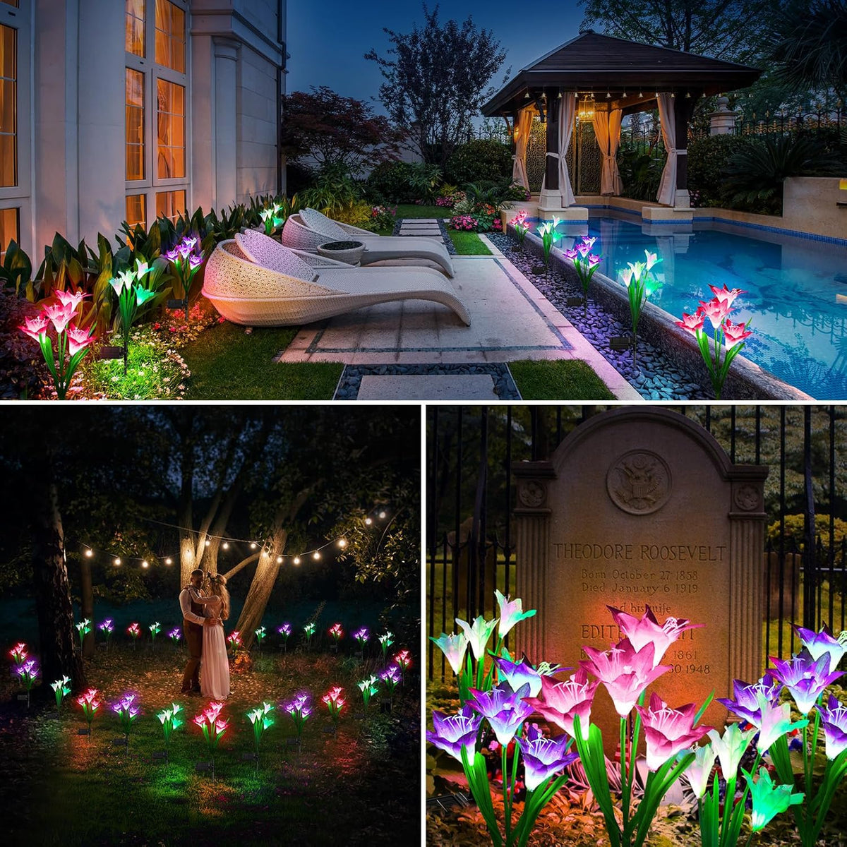 Natura AM Solar Lily Flower Garden Lights, 4 Pack | 7 Color Changing, Waterproof