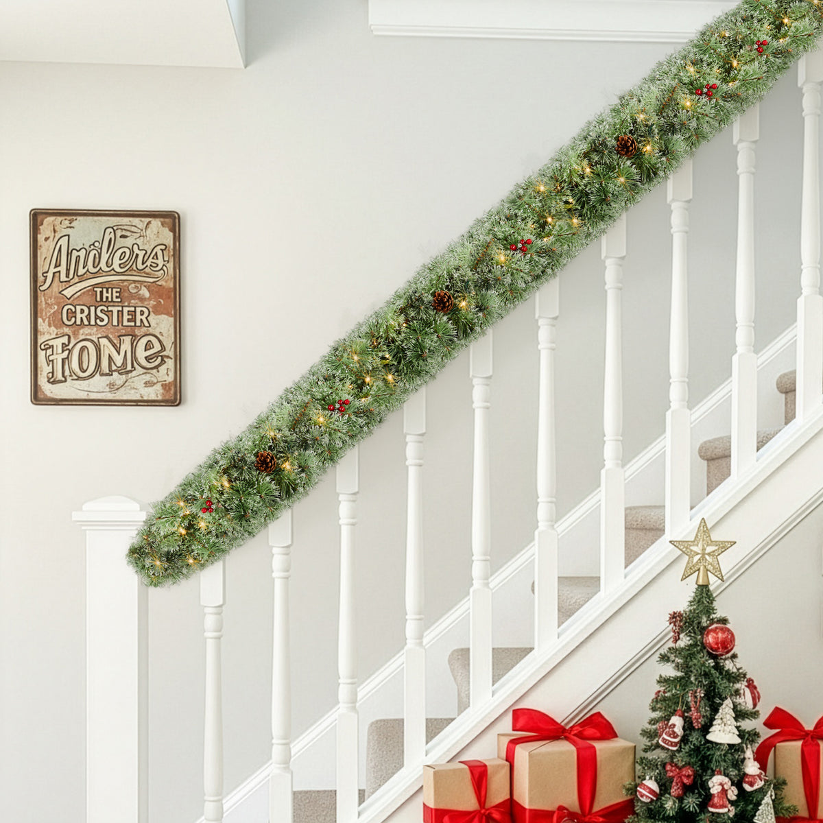 Natura AM 9FT Pre-Lit Snow Flocked Christmas Garland | 2 Pack, 200 Warm Lights & 440 Tips