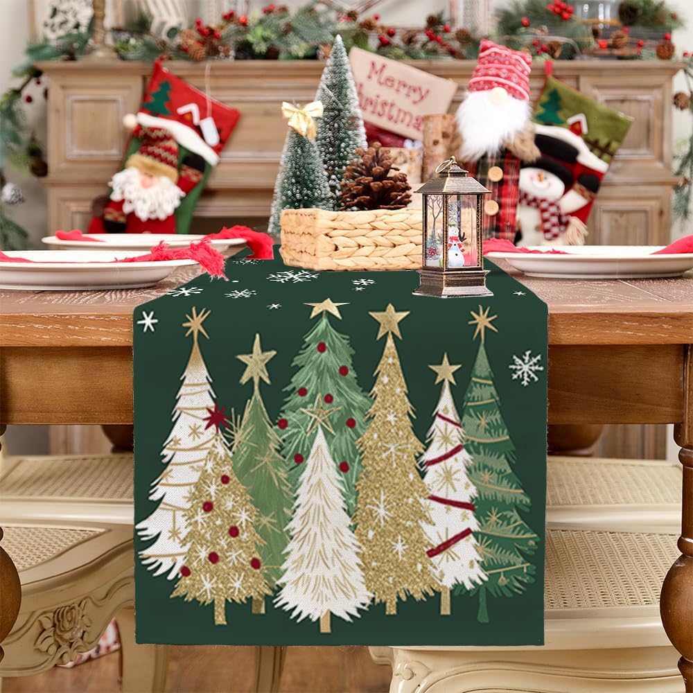 Natura AM Christmas Table Runner 13" x 72" — 100% Polyester Faux Linen, Xmas Tree & Snowflake Print
