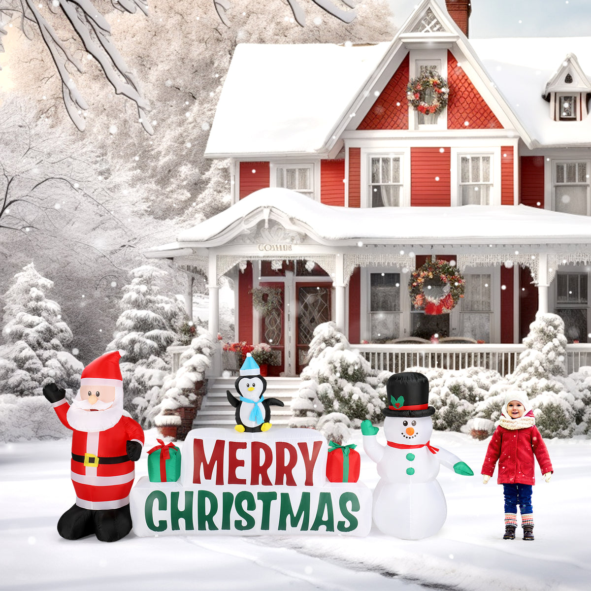 Natura AM 9.8FT Christmas Inflatable Santa & Snowman with Merry Christmas Sign | Built-in LED Lights