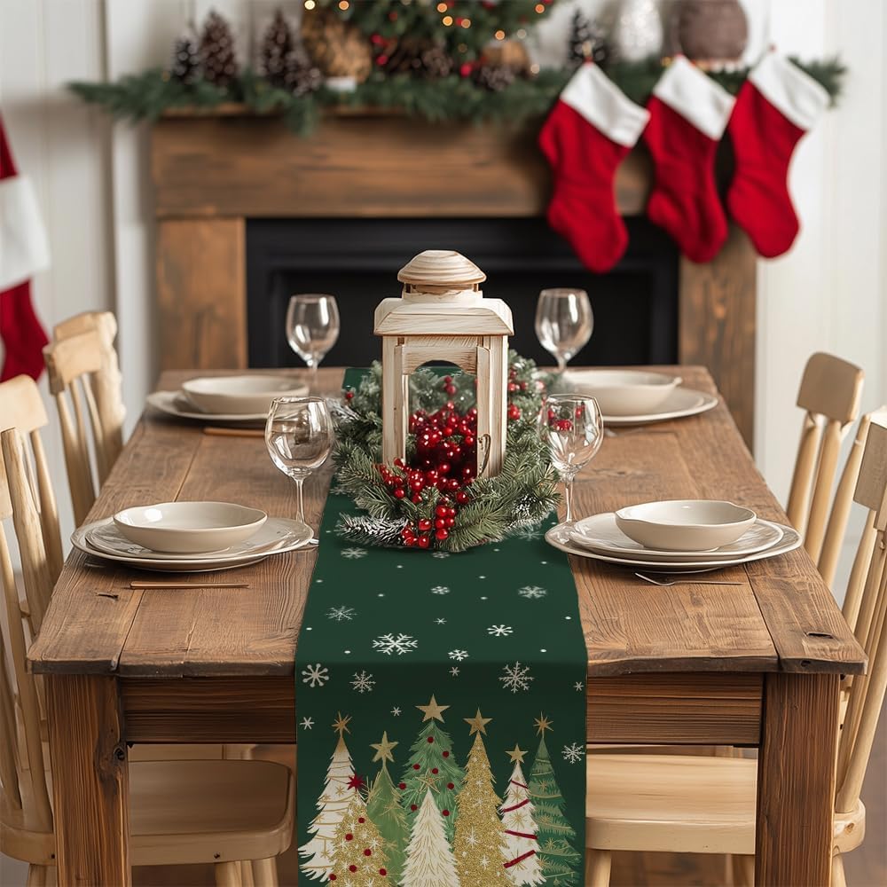 Natura AM Christmas Table Runner 13" x 72" — 100% Polyester Faux Linen, Xmas Tree & Snowflake Print