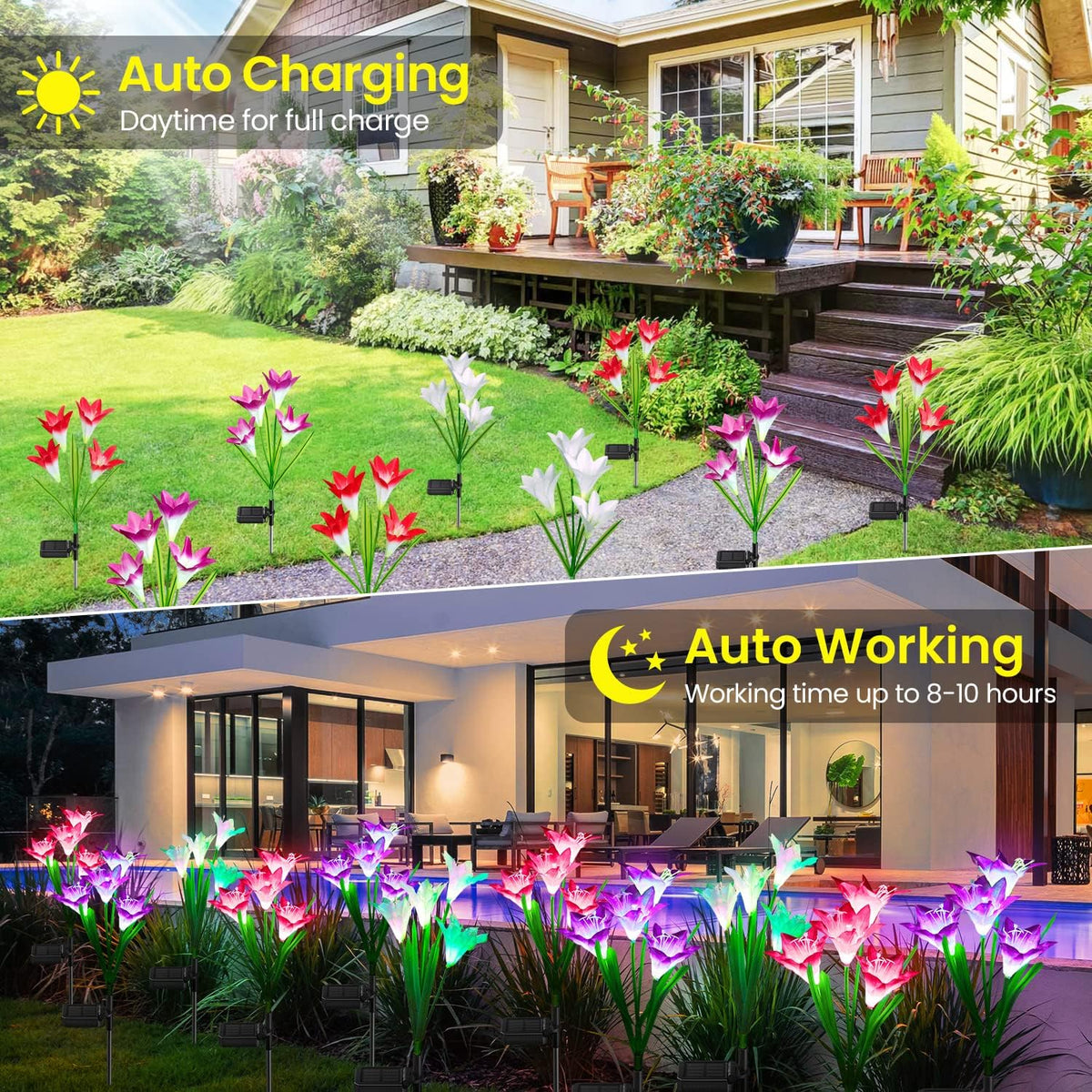 Natura AM Solar Lily Flower Garden Lights, 4 Pack | 7 Color Changing, Waterproof