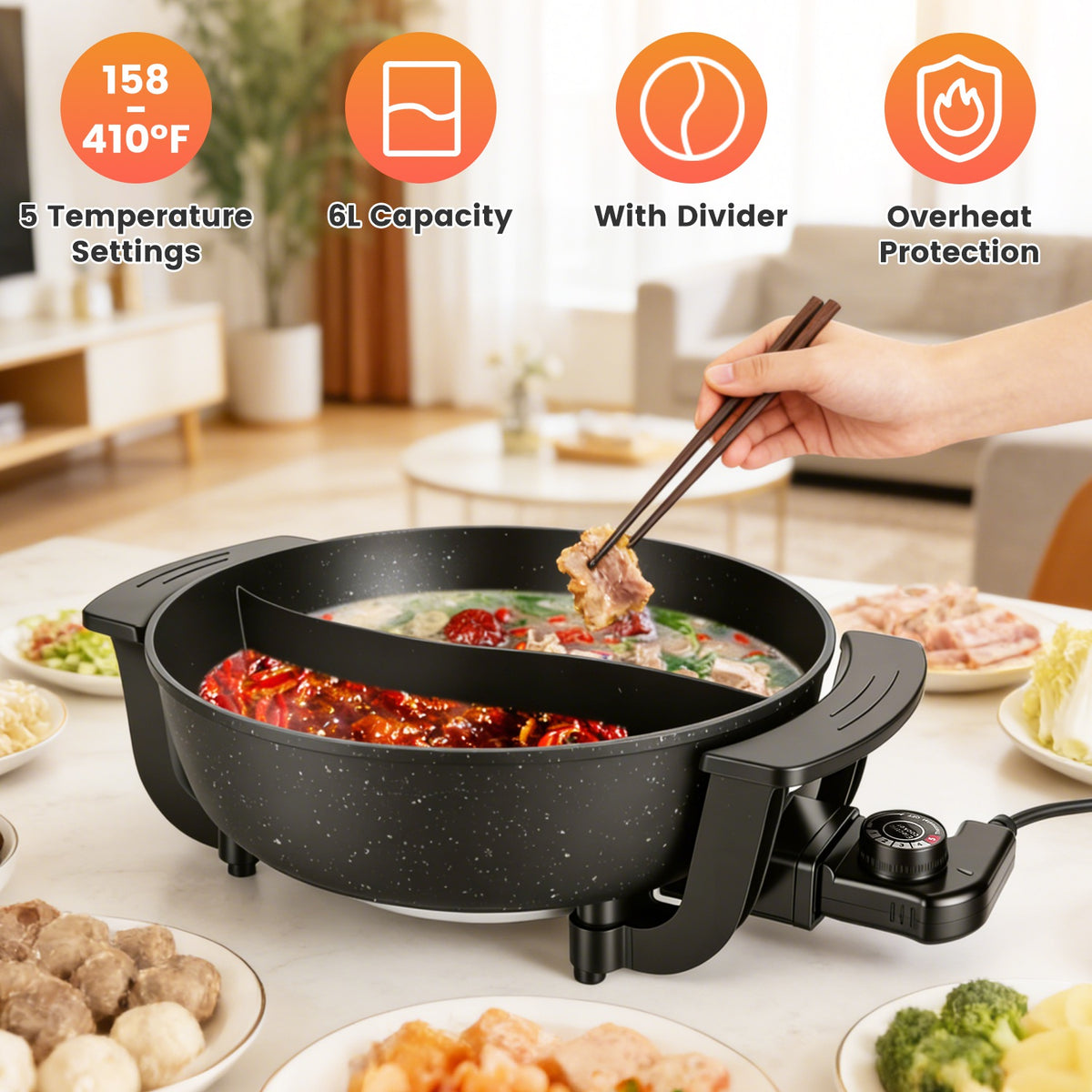 Natura AM 6L Electric Hot Pot with Divider & 5-Level Temp Control