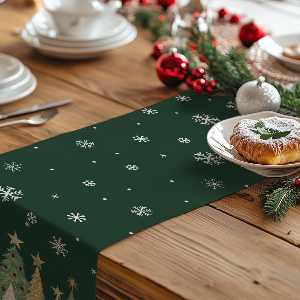 Natura AM Christmas Table Runner 13" x 72" — 100% Polyester Faux Linen, Xmas Tree & Snowflake Print