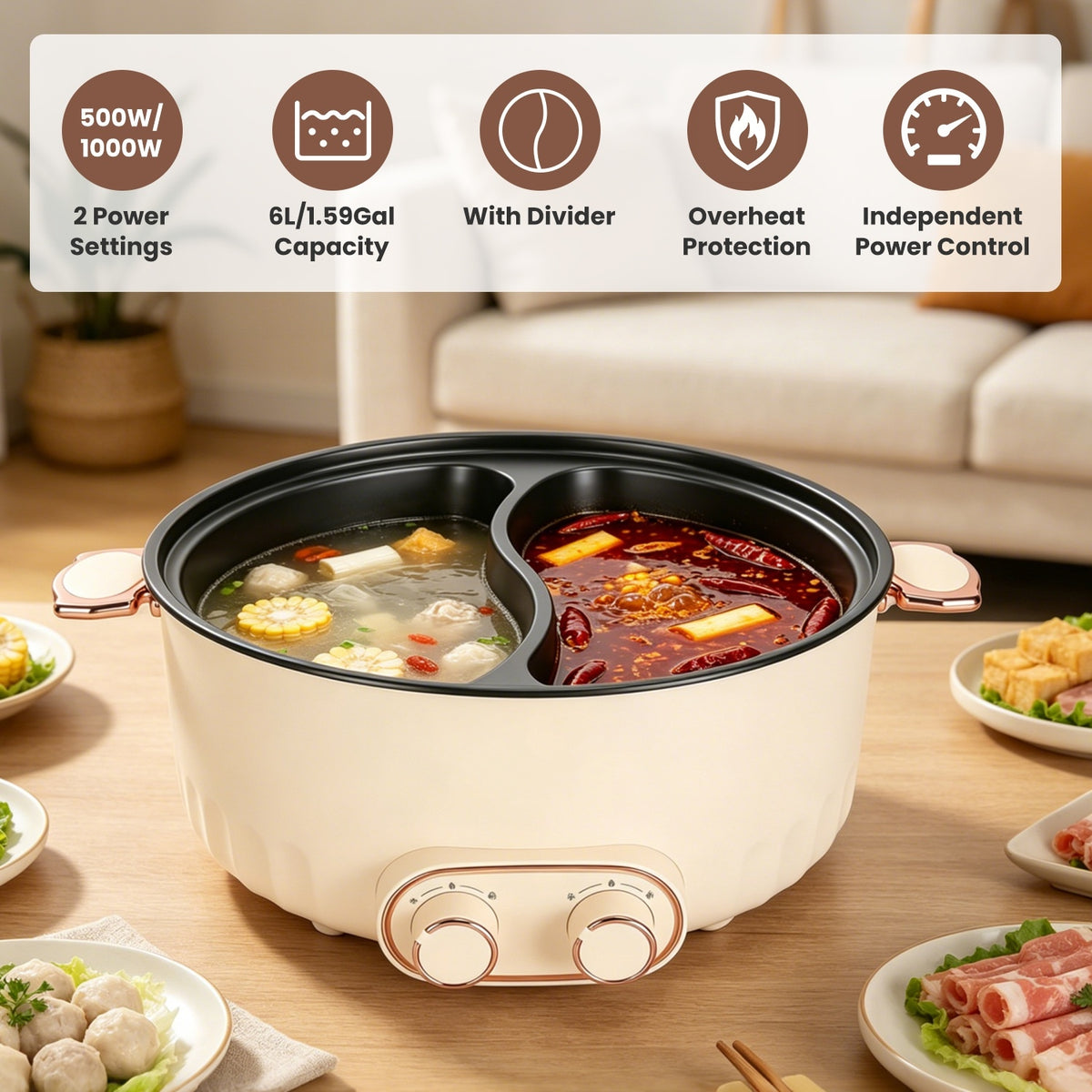 Natura AM 6L Electric Hot Pot with Divider, Dual Broth & Independent Controls