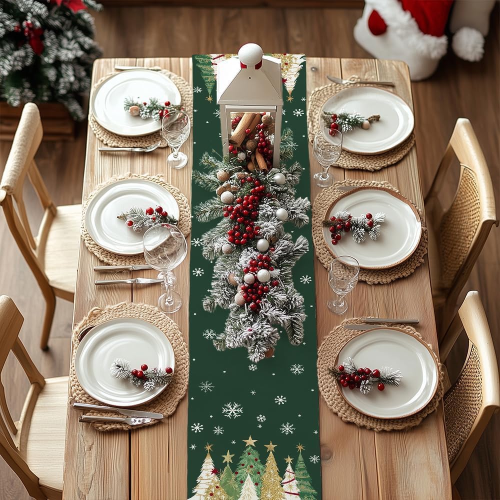 Natura AM Christmas Table Runner 13" x 72" — 100% Polyester Faux Linen, Xmas Tree & Snowflake Print