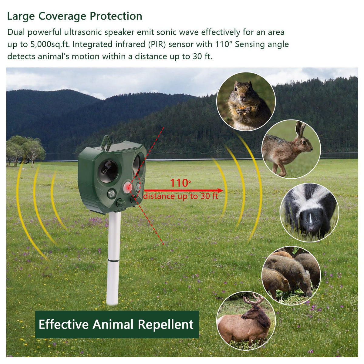 Natura AM Solar Ultrasonic Animal Repeller | Motion Sensor, 5,000 sq.ft Coverage