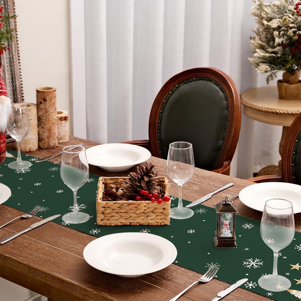 Natura AM Christmas Table Runner 13" x 72" — 100% Polyester Faux Linen, Xmas Tree & Snowflake Print