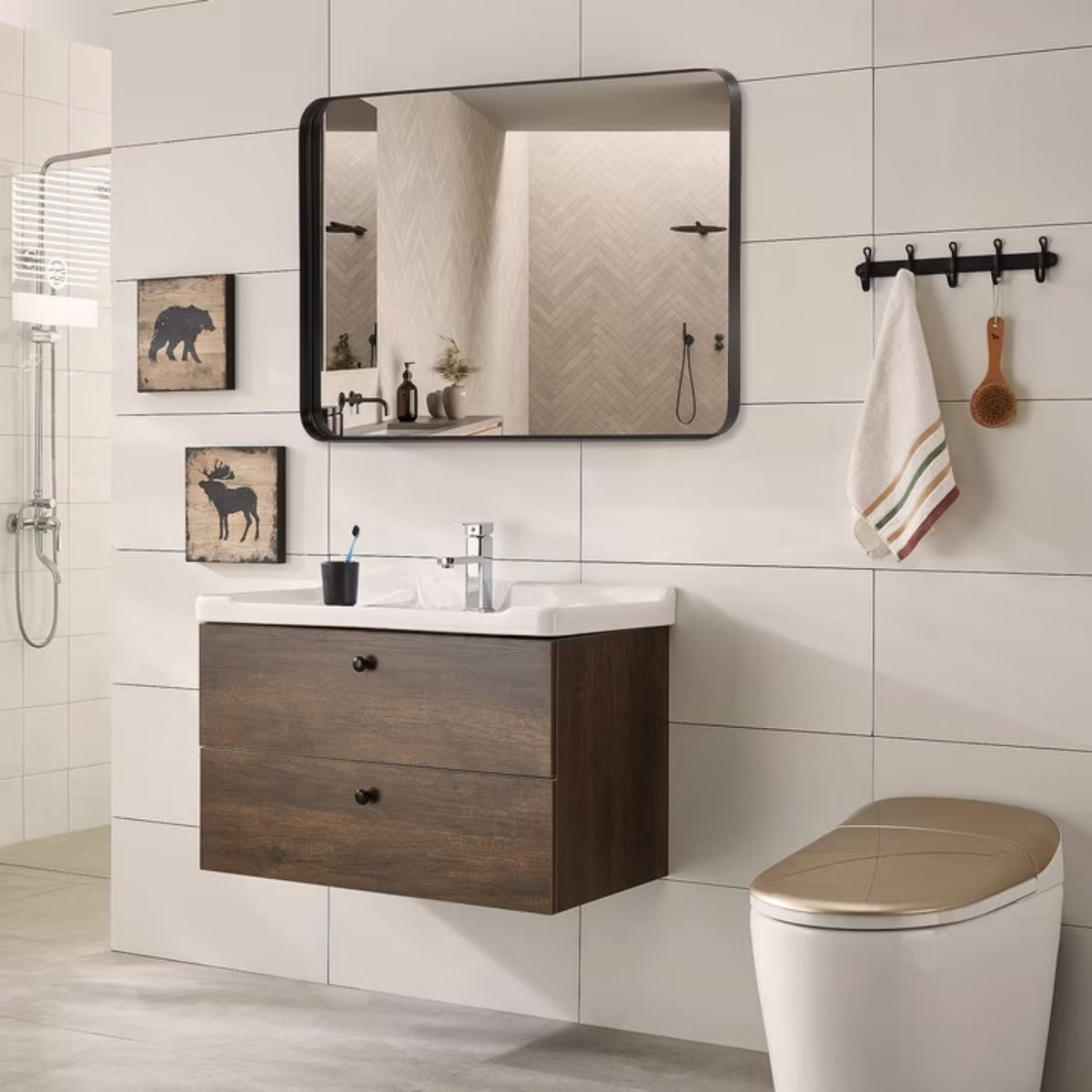 Natura AM Gold Frame Bathroom Wall Mirror — 20" x 28" Rectangular, Tempered Glass