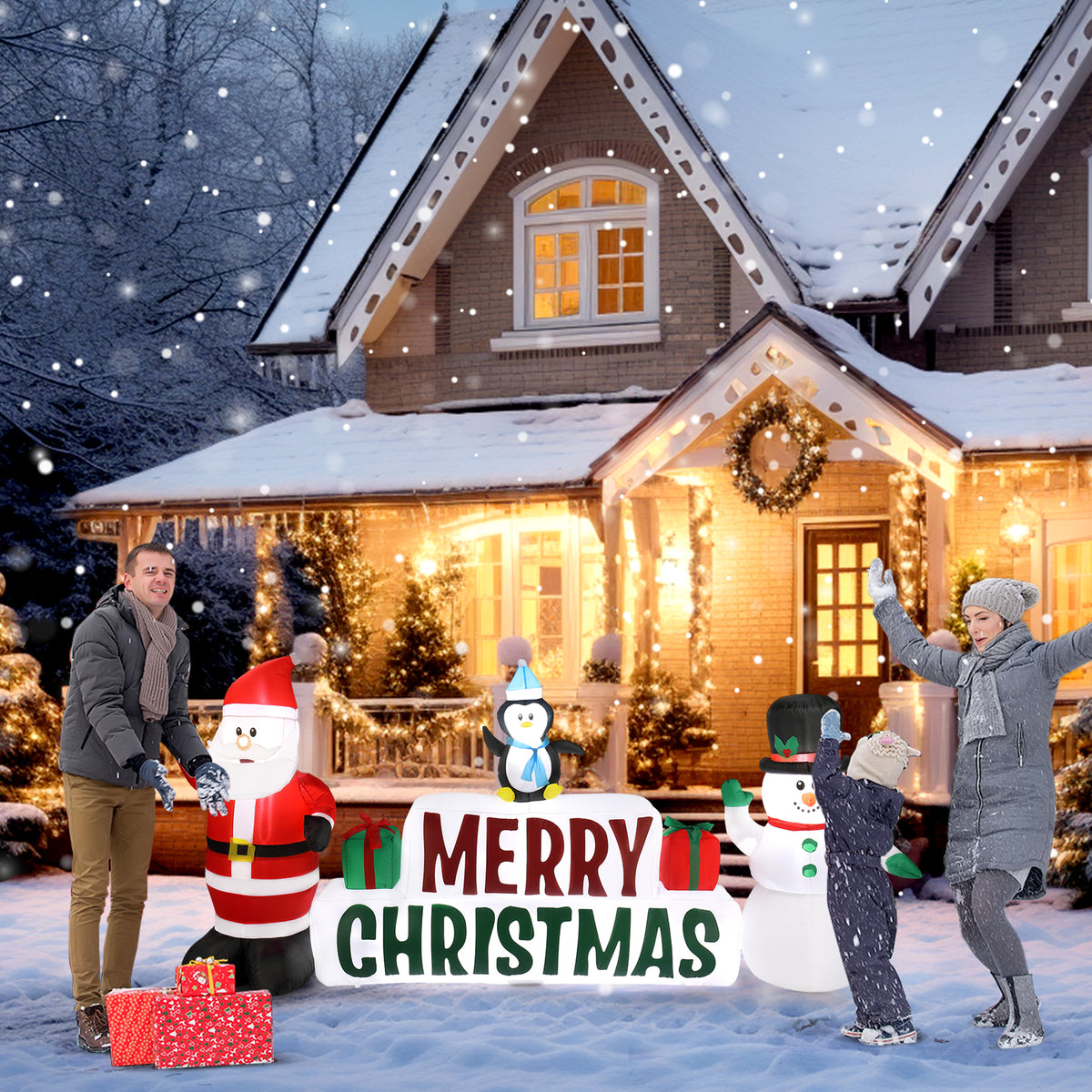 Natura AM 9.8FT Christmas Inflatable Santa & Snowman with Merry Christmas Sign | Built-in LED Lights